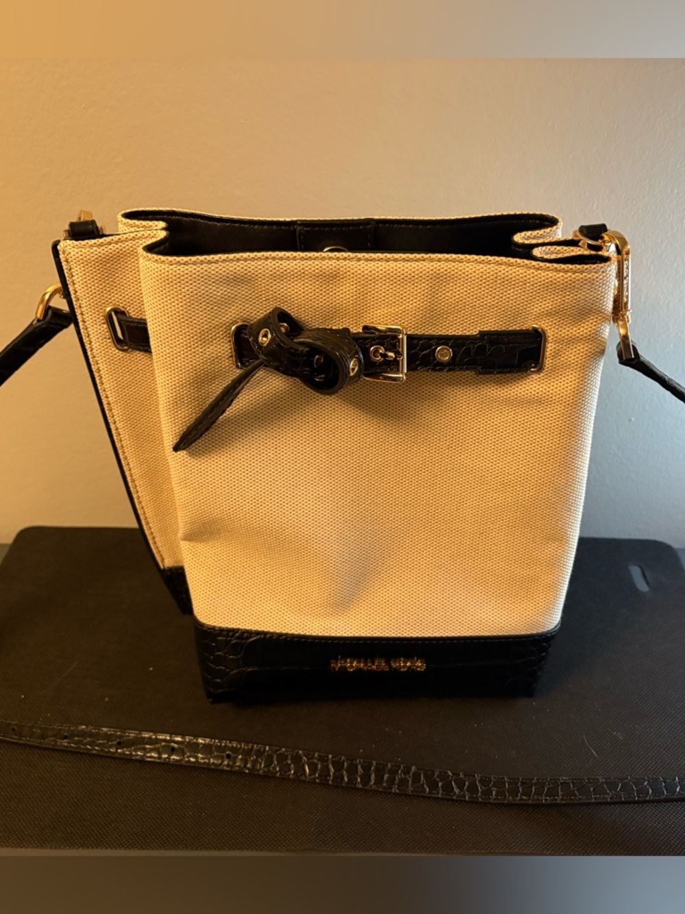 Michael Kors Canvas Drawstring Crossbody Bucket Bag